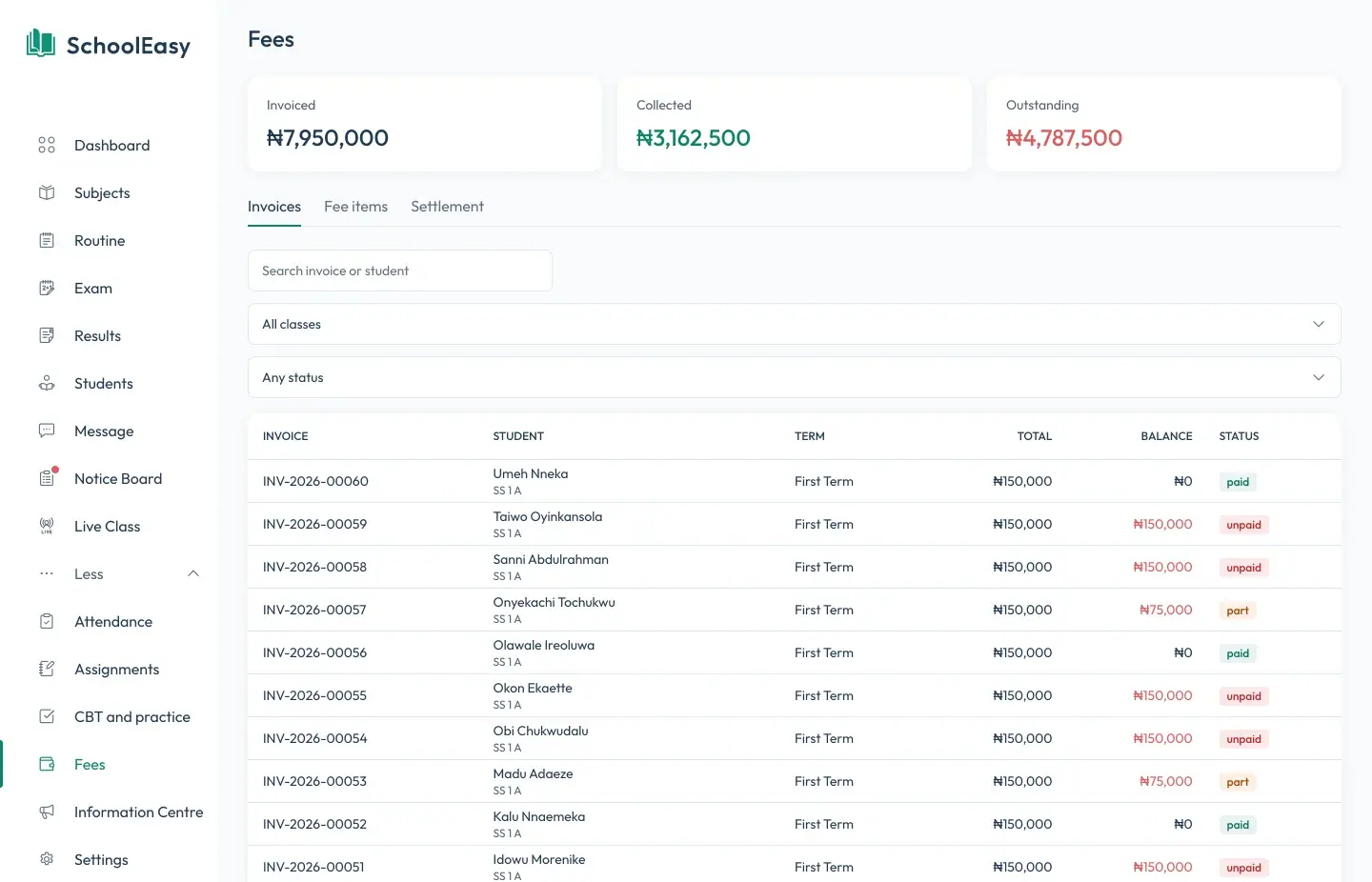 Fees page in SchoolEasy showing invoiced, collected, and outstanding totals
