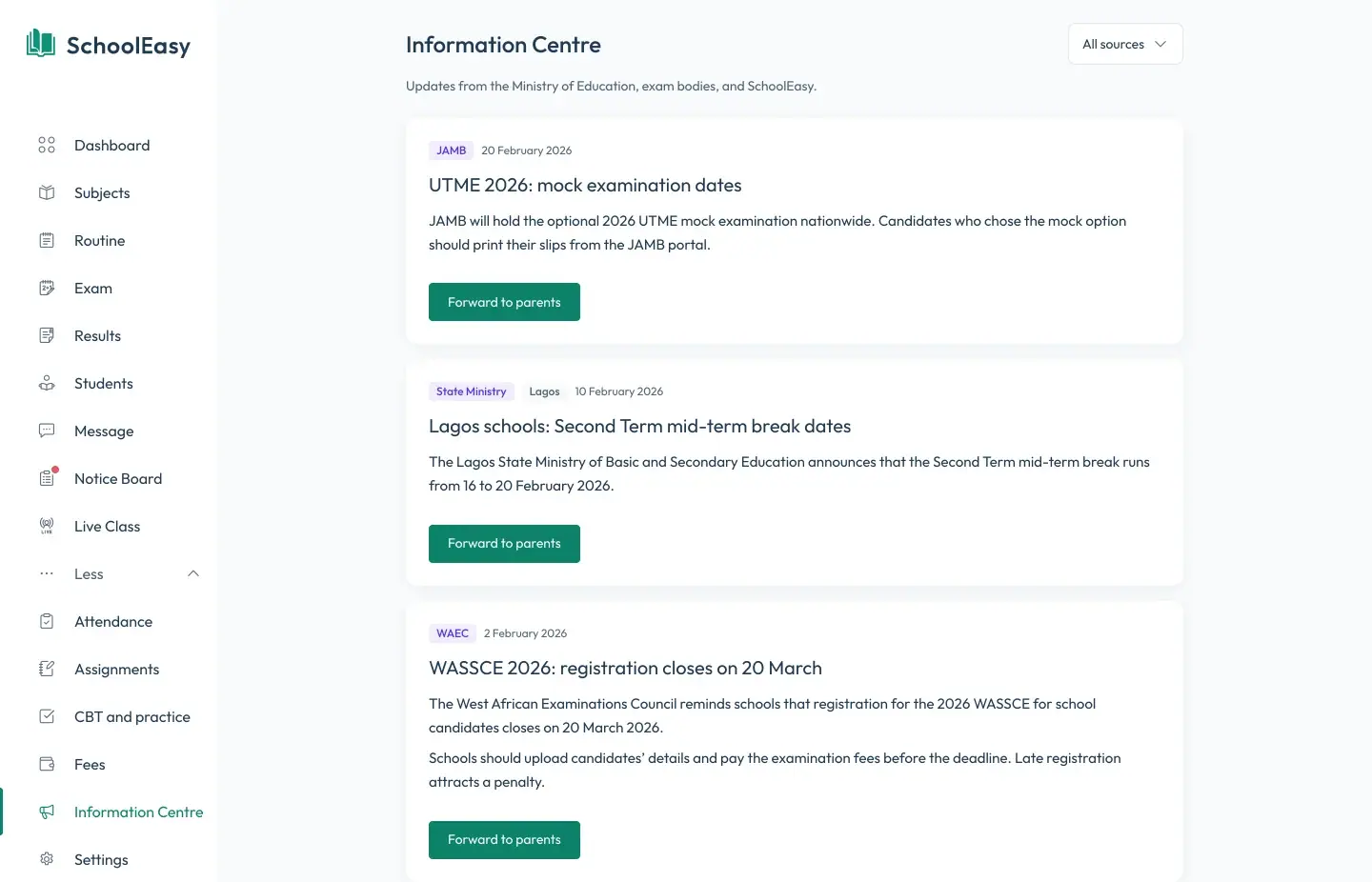 Information Centre in SchoolEasy with JAMB and Lagos State Ministry updates